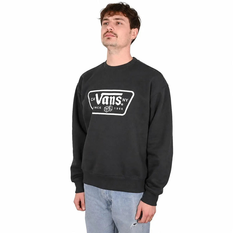 Schwarzes Vans Herren-Sweatshirt aus Baumwolle mit Rundhalsausschnitt und weißem rechteckigem Logo mit der Aufschrift „vans can ny since 1966“.