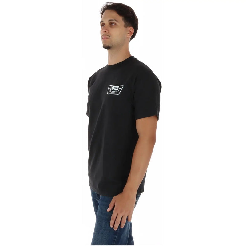 Schwarzes Vans Herren-T-Shirt aus Baumwolle mit Rundhalsausschnitt und weißem rechteckigem Logo auf der linken Brust im lässigen Stil