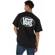 Schwarzes Vans Herren-T-Shirt aus Baumwolle mit Rundhalsausschnitt und auffälligem, weißem, ovalem Logo mit Markennamen auf der Rückseite.