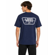 Marineblaues Vans Herren-Baumwoll-T-Shirt mit Rundhalsausschnitt und weißem Logo sowie Würfelgrafik auf der Rückseite