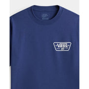 Marineblaues Vans Herren-Baumwoll-T-Shirt mit weißem rechteckigem Logo und Würfelgrafik mit dem Aufdruck „ca vans ny since 1986“.