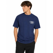 Marineblaues Vans Herren-T-Shirt aus Baumwolle mit weißem rechteckigem Logo auf der linken Brust und Rundhalsausschnitt