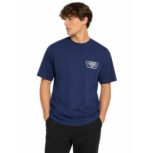 Marineblaues Vans Herren-T-Shirt aus Baumwolle mit weißem rechteckigem Logo auf der linken Brust und Rundhalsausschnitt