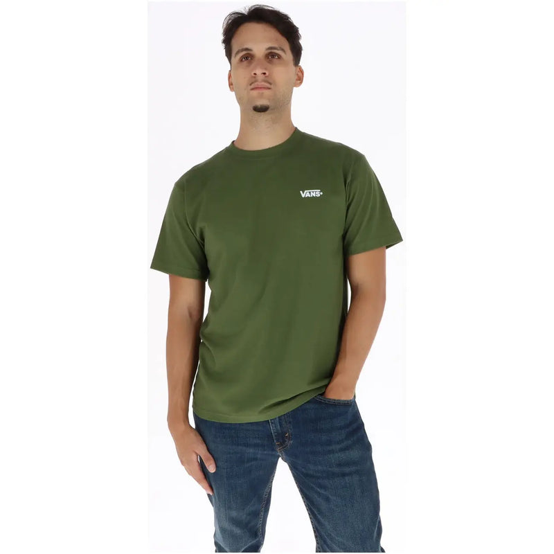 Olivgrünes Herren-T-Shirt von Vans aus Baumwolle mit kurzen Ärmeln, Rundhalsausschnitt und kleinem weißen Logo auf der linken Brust.