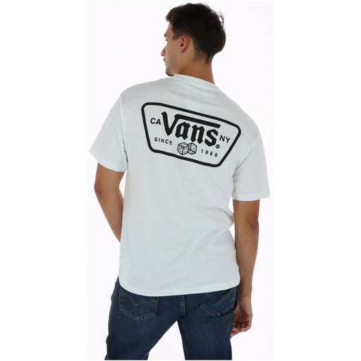Rückansicht eines weißen Vans Herren-T-Shirts aus Baumwolle mit Rundhalsausschnitt, schwarzem „CA Vans NY Since 1966“-Logo und Würfelgrafik