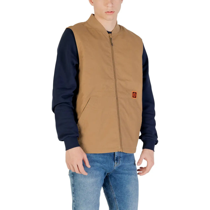 Vans Herren-Gilet, beige, lange Baumwollmischweste mit Reißverschluss, hellbrauner Weste, marineblauen Ärmeln und kleinem orangefarbenen Brustaufnäher