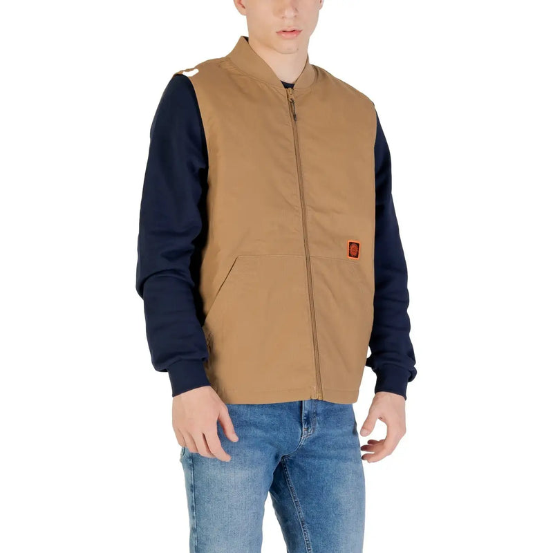 Vans Herren-Gilet, beigefarbene Baumwollmischweste mit Reißverschluss, hellbraune Reißverschluss-Weste, marineblaue lange Ärmel und orangefarbener Brustaufnäher
