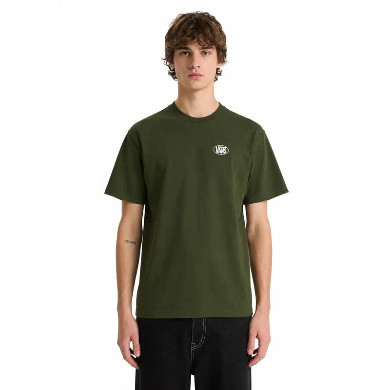 Olivgrünes Vans Herren-T-Shirt aus Baumwolle mit Rundhalsausschnitt, kurzen Ärmeln und weißem ovalem Logo auf der Brust