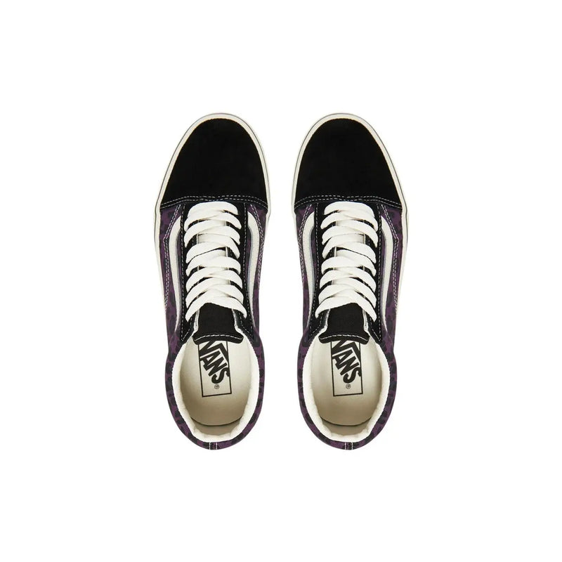 Schwarze und violette Vans Herren-Sneaker aus Leder im Old-Skool-Stil mit weißen Schnürsenkeln und klassischem Canvas-Design