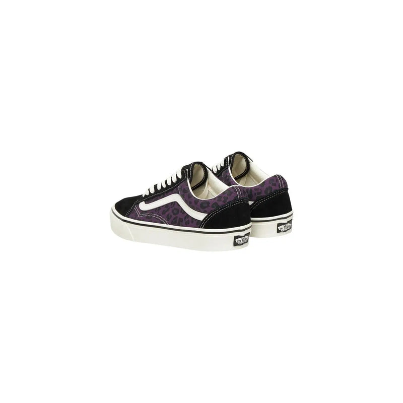 Vans Herren-Sneaker aus Leder, schwarz, Leopardenmuster, Old Skool, mit lila Leopardenmuster, schwarzen Wildleder-Overlays und weißen Gummisohlen