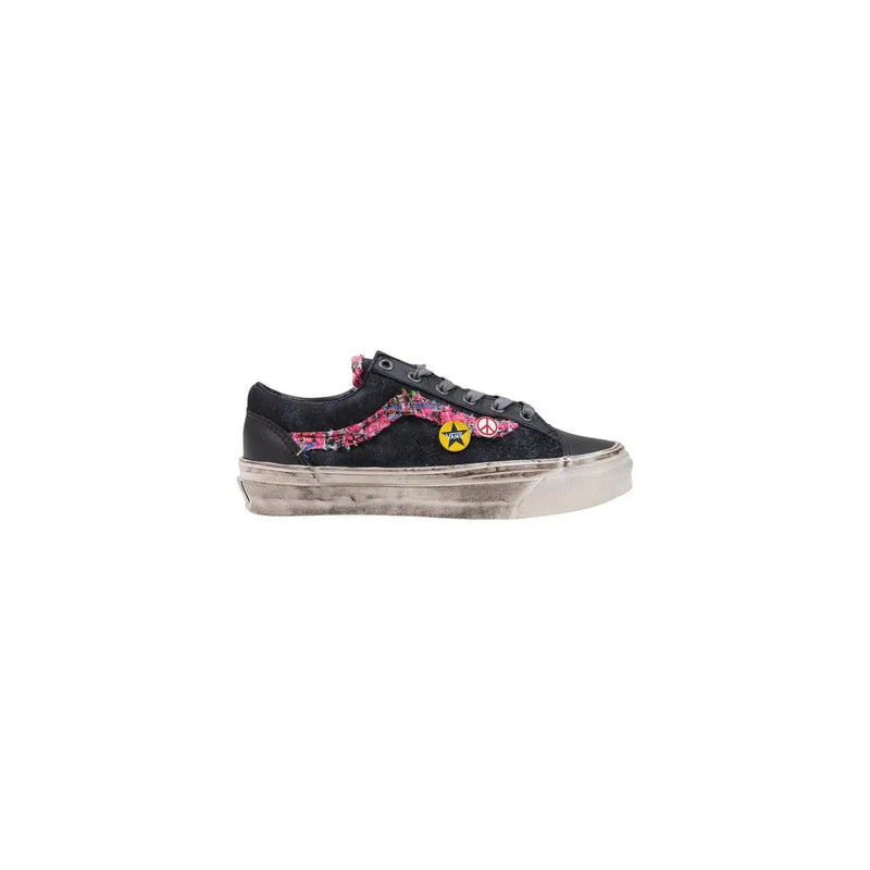 Schwarze Vans Old Skool Herren-Sneaker aus Leder mit verwaschenem Used-Look und rosa Blumenstickerei mit gelbem Peace-Stern-Patch
