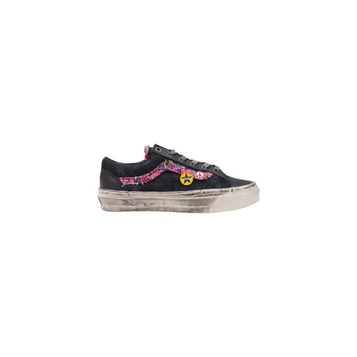 Schwarze Vans Old Skool Herren-Sneaker aus Leder mit verwaschenem Used-Look und rosa Blumenstickerei mit gelbem Peace-Stern-Patch
