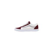 Vans Herren-Sneaker aus Leder, bordeauxrot, Old Skool, weinrot und weiß mit silbernem Seitenstreifen, von der Seite sichtbar