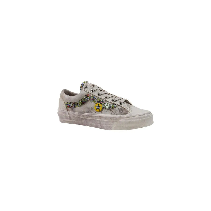 Vans Herren Leder weiß Old Skool Low top Sneaker mit floralem Muster im Used-Look und gelbem Peace-Zeichen-Aufnäher