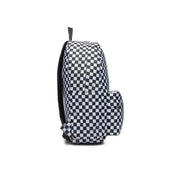 Vans Herrenrucksack aus schwarzem Polyester mit schwarzen Trägern und einem schwarz-weißen Schachbrettmuster auf der Rückseite