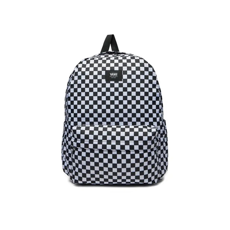 Vans Herrenrucksack aus schwarzem Polyester mit schwarz-weißem Schachbrettmuster und Reißverschlusstasche vorne