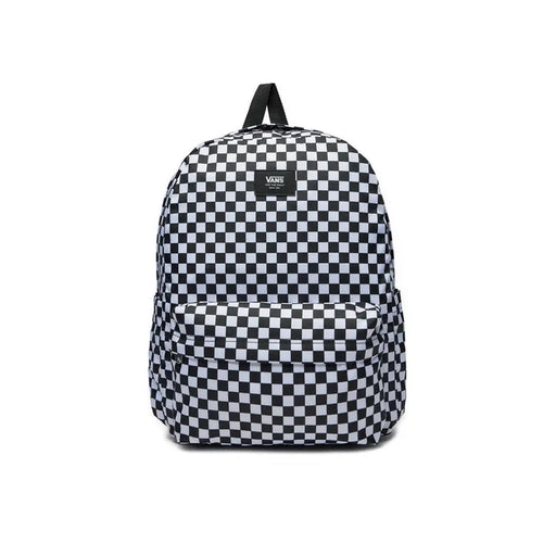 Vans Herrenrucksack aus schwarzem Polyester mit schwarz-weißem Schachbrettmuster und Reißverschlusstasche vorne