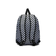 Vans Herrenrucksack, schwarz-weiß kariert, Polyesterrucksack mit schwarzen Trägern und Reißverschlusstasche, Ansicht von der Rückseite