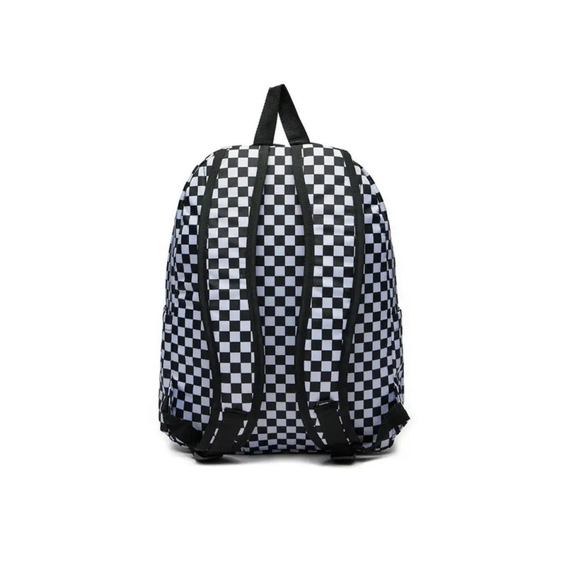 Vans Herrenrucksack, schwarz-weiß kariert, Polyesterrucksack mit schwarzen Trägern und Reißverschlusstasche, Ansicht von der Rückseite