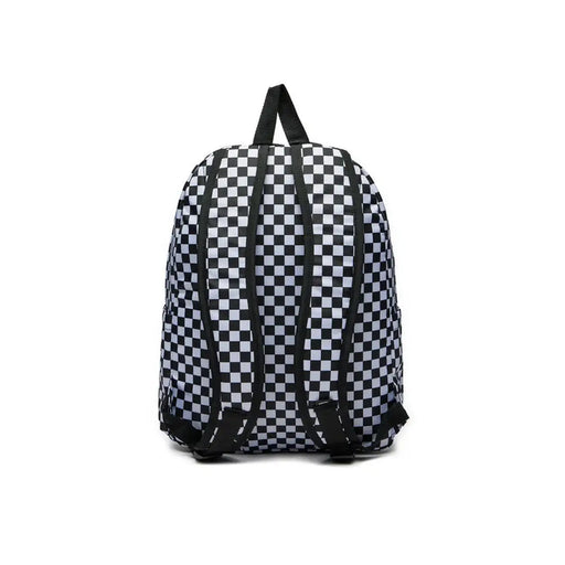 Vans Herrenrucksack, schwarz-weiß kariert, Polyesterrucksack mit schwarzen Trägern und Reißverschlusstasche, Ansicht von der Rückseite