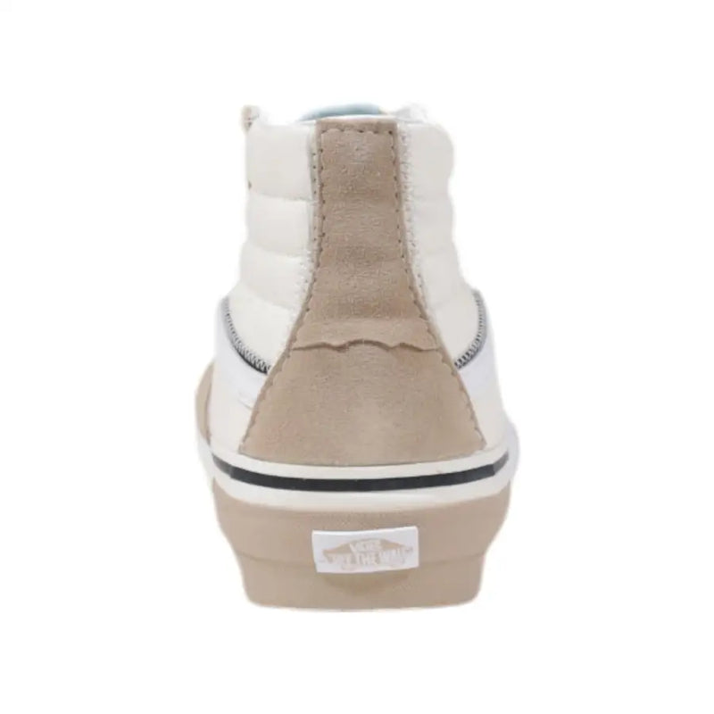 Vans Herren-Sneaker, beigefarbenes Leder, hochtop mit Wildlederakzenten und klassischer Gummisohle, Größe 10, von der Rückseite abgebildet