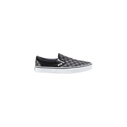 Vans men sneakers black fabric slip-on classic low top with black and gray checkerboard pattern and white rubber sole