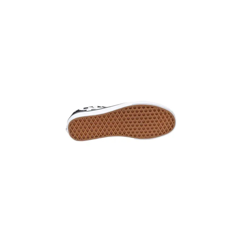 Schwarze und weiße Vans Herren-Sneaker aus Stoff mit beiger Gummi-Waffelsohle, von der Rückseite betrachtet