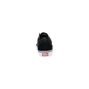Schwarze Vans Herren-Sneaker aus Wildleder im Old-School-Skateschuh-Stil mit weißer Gummisohle und rotem Logo an der Ferse (Seitenansicht)