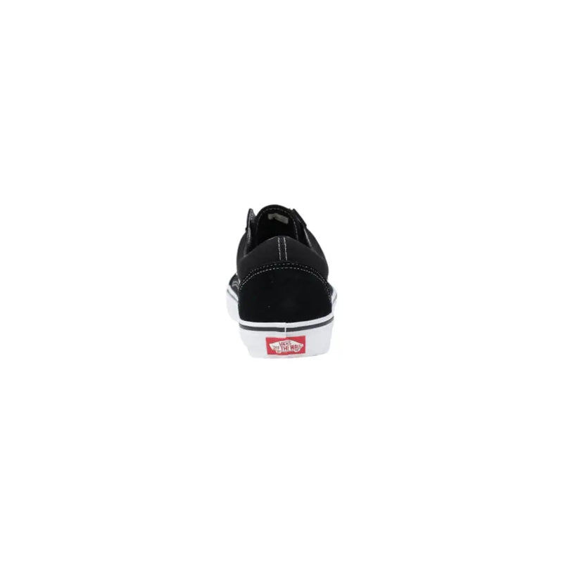 Schwarze Vans Herren-Sneaker aus Wildleder im Old-School-Skateschuh-Stil mit weißer Gummisohle und rotem Logo an der Ferse (Seitenansicht)