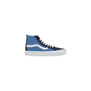 Vans Herren-Sneaker, blau, Leder, hochtop mit schwarzen Akzenten, weißen Schnürsenkeln, klassischem Logostreifen und weißer Gummisohle