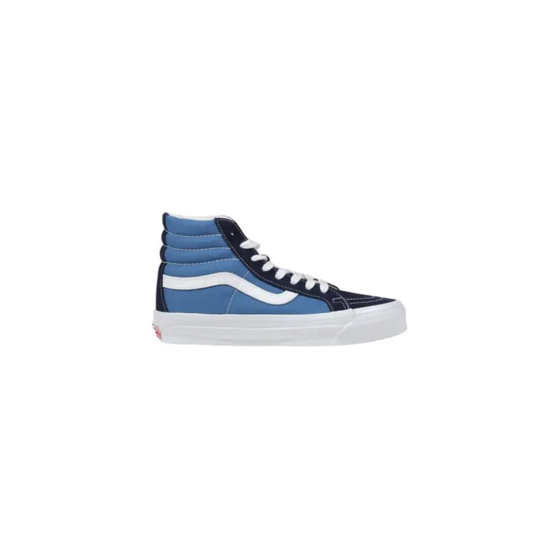 Vans Herren-Sneaker, blau, Leder, hochtop mit schwarzen Akzenten, weißen Schnürsenkeln, klassischem Logostreifen und weißer Gummisohle