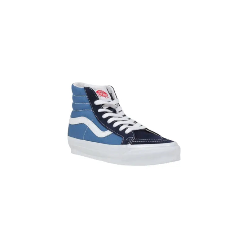 Vans Herren-Sneaker, blau, Leder, hochtop mit marineblauen Akzenten, weißen Schnürsenkeln, klassischem Logo und rotem Zungenetikett, Gummisohle