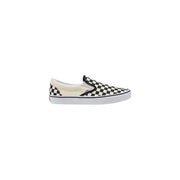 Vans Herren-Sneaker, weißes Stoffmodell, klassische Schuhe VN000EYEBWW1, schwarz-weiß kariertes Canvas-Slipper-Design mit rotem Logo an der Ferse