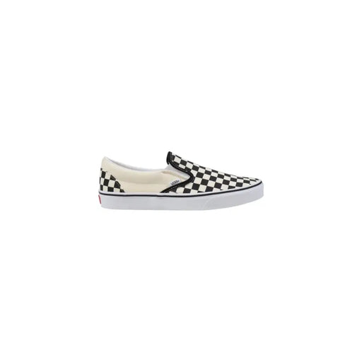 Vans Herren-Sneaker, weißes Stoffmodell, klassische Schuhe VN000EYEBWW1, schwarz-weiß kariertes Canvas-Slipper-Design mit rotem Logo an der Ferse