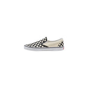Vans men sneakers white fabric classic slip-on shoes with black and white checkerboard canvas and red logo on heel back view
