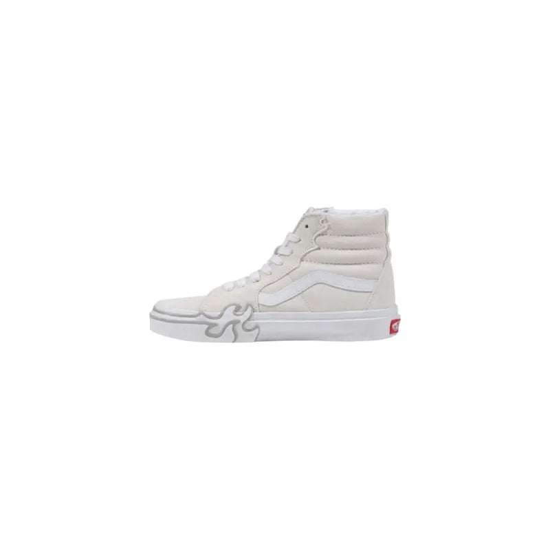 Vans Herren-Sneaker, weißes Wildleder, Schnürung, hoch top mit Flammenmuster und rotem Markenlogo für Frühling/Sommer-Kleidung
