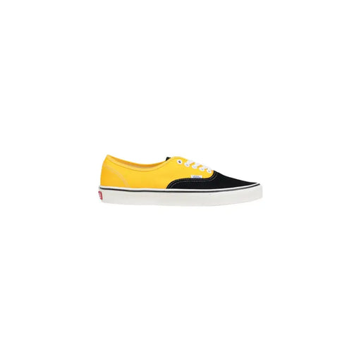 Gelbe und schwarze Vans Herren-Sneaker mit weißen Baumwollschnürsenkeln, weißer Gummisohle und rotem Logo an der Ferse (Seitenansicht)
