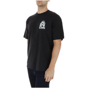 Schwarzes Vans Herren-T-Shirt aus Baumwolle mit Rundhalsausschnitt, kurzen Ärmeln und weißem, flammendem Totenkopf-Aufdruck mit dem Aufdruck „Off the Wall“.
