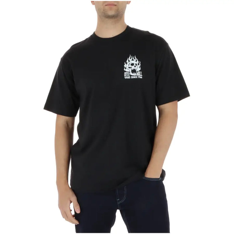 Schwarzes Vans Herren-T-Shirt aus Baumwolle mit Rundhalsausschnitt und kurzen Ärmeln, bedruckt mit einem weißen, flammenden Totenkopf und dem Schriftzug „Off the Wall“.