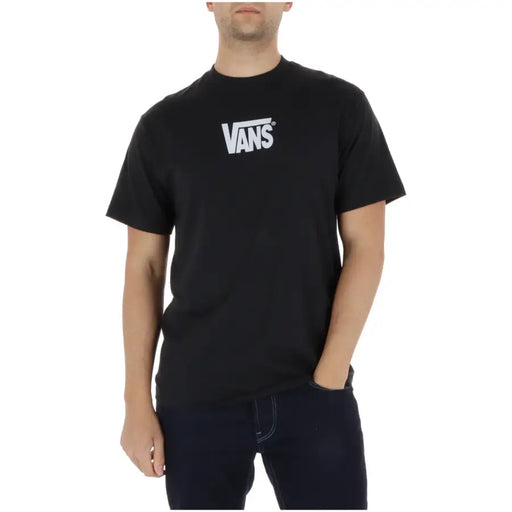 Vans-Herren t-shirt Schwarzes Kurzarmshirt mit Rundhalsausschnitt aus 100 % Baumwolle und weißem Logo auf der Brust.