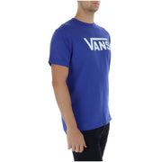 Königsblaues Vans Herren-T-Shirt aus Baumwolle mit Rundhalsausschnitt und kurzen Ärmeln sowie einem weißen Logo auf der Brust.