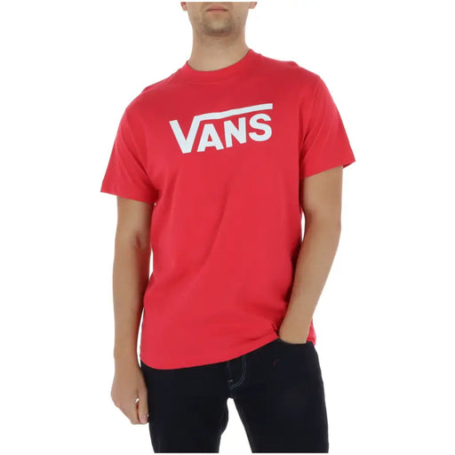 Vans Herren-T-Shirt, korallenfarben, Rundhalsausschnitt, 100 % Baumwolle, Kurzarm, mit rotem Logo, weißer Schrift und horizontalem Streifen