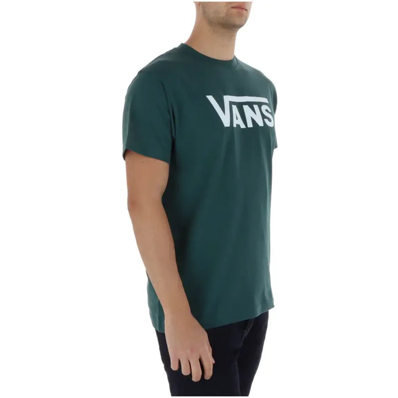 Dunkelgrünes Vans Herren-T-Shirt mit weißem Logo-Print, Rundhalsausschnitt, kurze Ärmel, aus Baumwolle, für die Freizeit.