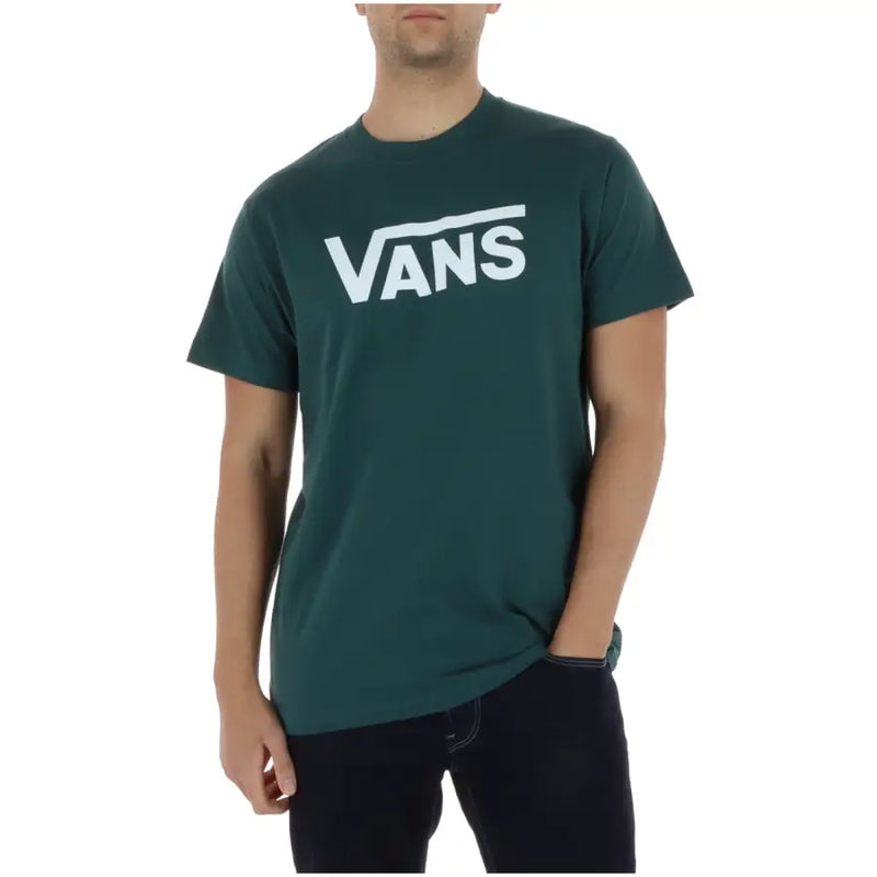 Dunkelgrünes Vans Herren-T-Shirt aus Baumwolle mit weißem Logodruck, Rundhalsausschnitt und kurzen Ärmeln