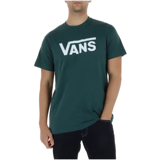 Dunkelgrünes Vans Herren-T-Shirt aus Baumwolle mit weißem Logodruck, Rundhalsausschnitt und kurzen Ärmeln