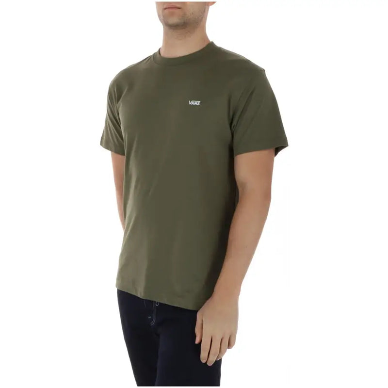 Olivgrünes Vans Herren-T-Shirt mit Rundhalsausschnitt, kurzen Ärmeln und kleinem weißen Logo aus 100 % Baumwolle