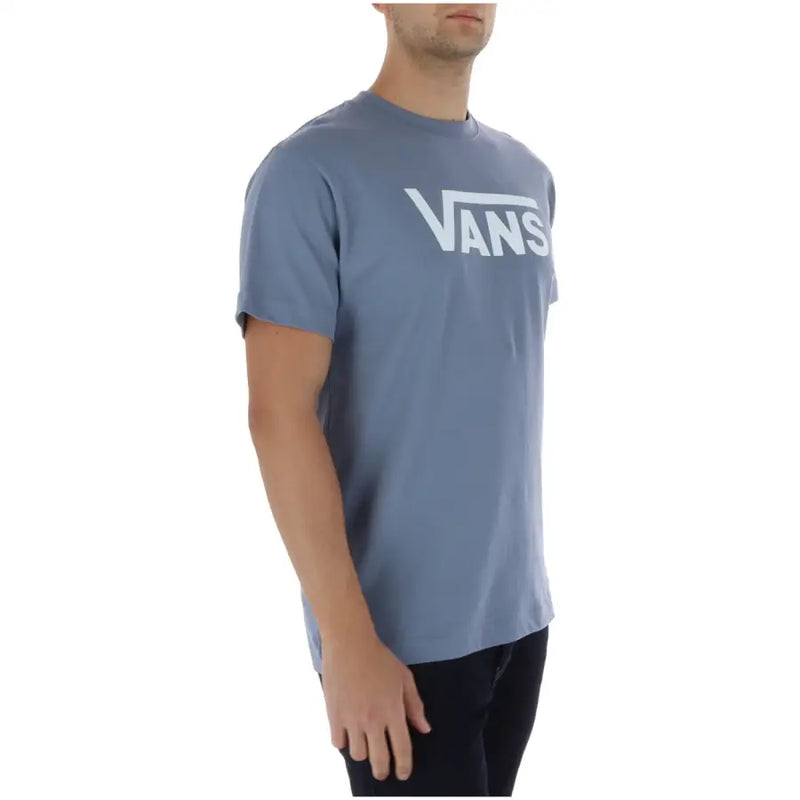 Hellblaues Vans Herren-T-Shirt mit kurzen Ärmeln aus Baumwolle, mit blauem Vans-Logo und weißem Schriftzug auf der Vorderseite