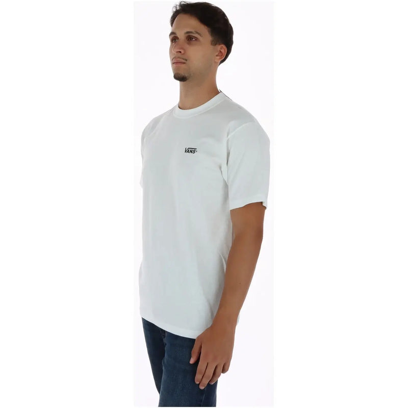 Weißes Vans Herren-T-Shirt aus Baumwolle mit kurzen Ärmeln und kleinem schwarzen Logo auf der linken Brust im Rundhalsausschnitt.