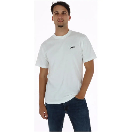 Weißes Vans Herren-T-Shirt aus Baumwolle mit Rundhalsausschnitt und kleinem schwarzen Logo auf der linken Brust.