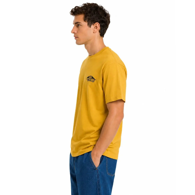 Senfgelbes, kurzärmeliges Vans-Herren-T-Shirt aus Baumwolle mit Rundhalsausschnitt und kleinem schwarzen Logo auf der linken Brustseite